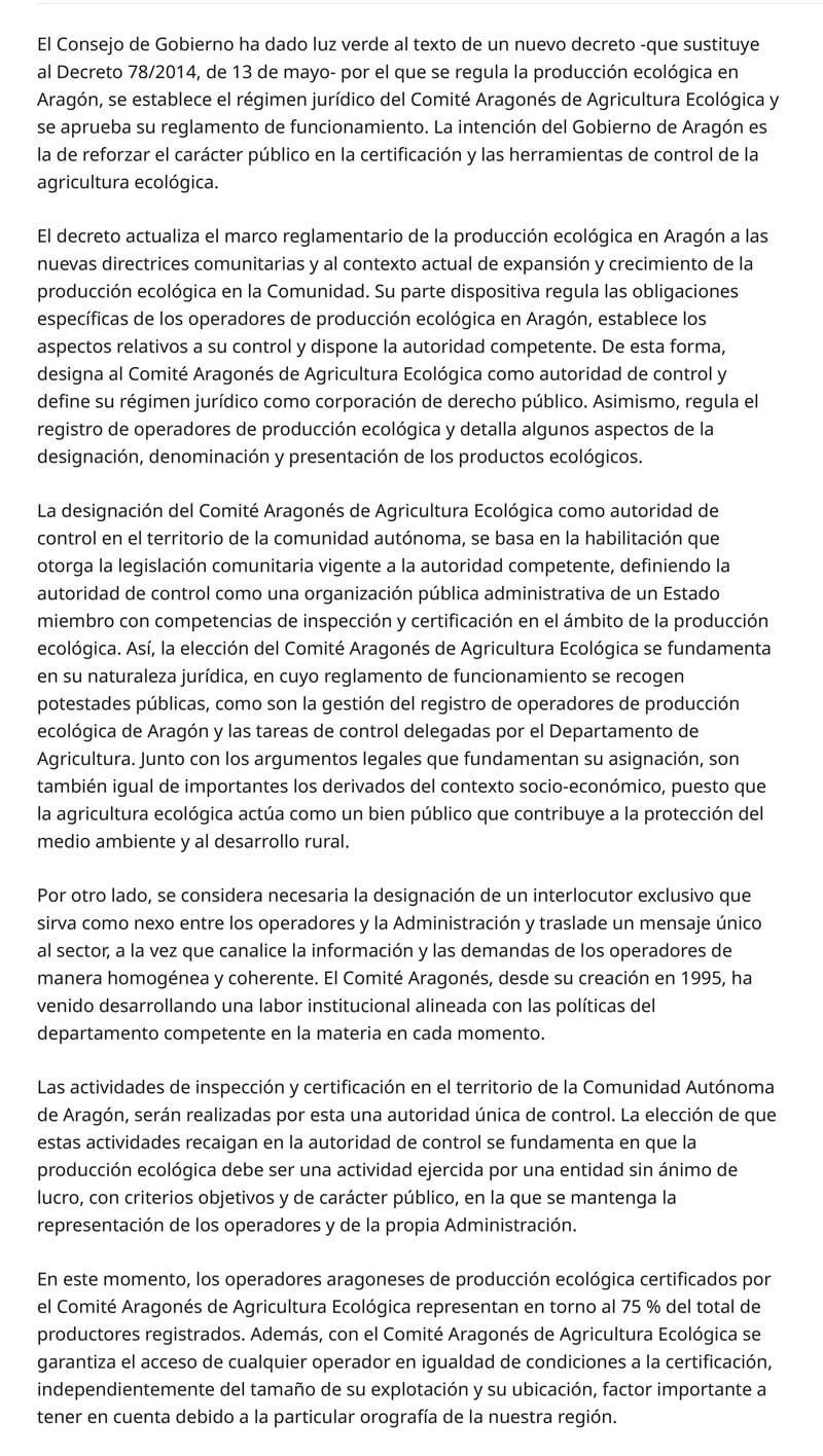 Decreto Aragón producción agrícola